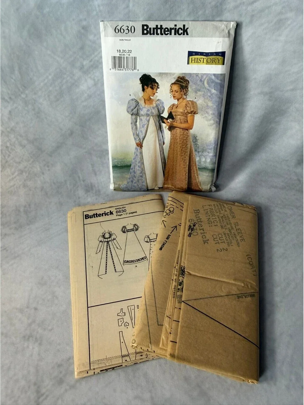 Vintage Butterick 6630 Regency Empire Waist Dress Coat Sewing Pattern 18 20 22